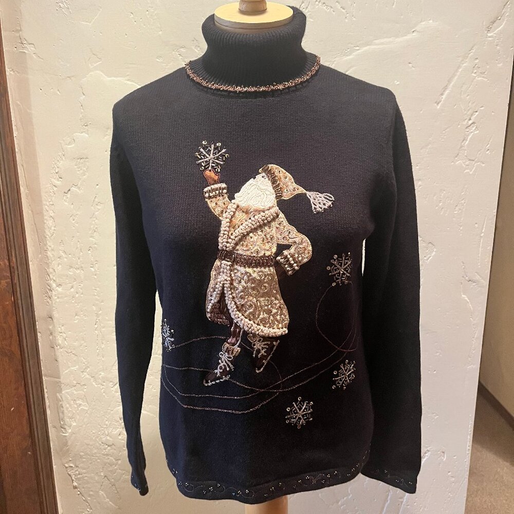 Talbots Black Turtleneck Holiday Sweater Ice Skating Santa Size Large